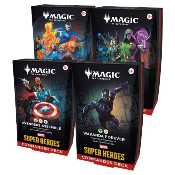 MagicTheGatheringUniversesBeyondMarvelSuperHeroesCommanderDeckDisplay_4Decks Magic The Gathering Universes Beyond Marvel Super Heroes Commander Deck Display (4 Decks) (Presell)